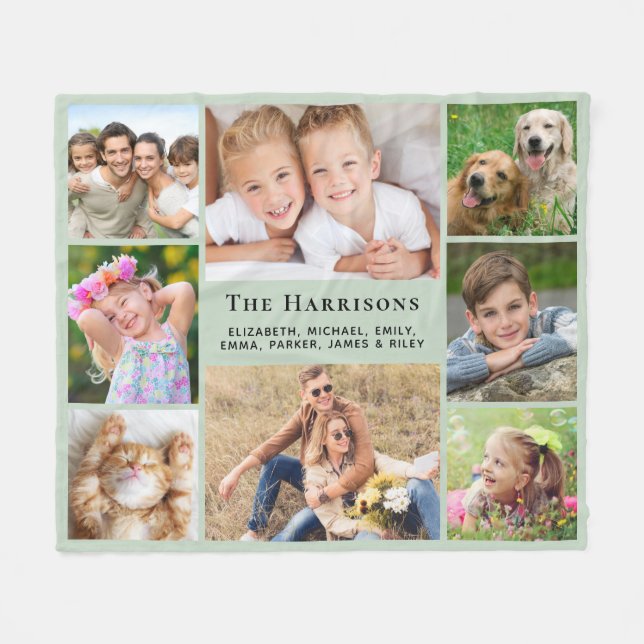 Family Monogram Name 8 Photo Collage Sage Green Fleece Blanket (Front (Horizontal))