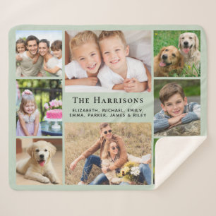Family Monogram Name 8 Photo Collage Sage Green Sherpa Blanket