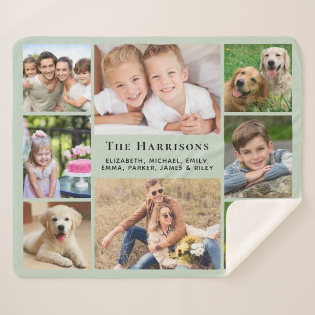 Family Monogram Name 8 Photo Collage Sage Green Sherpa Blanket (Front (Horizontal))