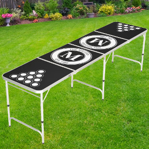 Family Monogram & Name Black White Beer Pong Table