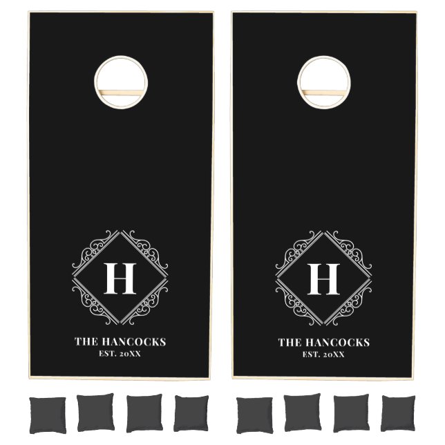 Family Monogram Name Black White Cornhole Set (Set)