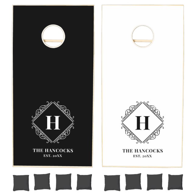 Family Monogram Name Black White Cornhole Set (Set)