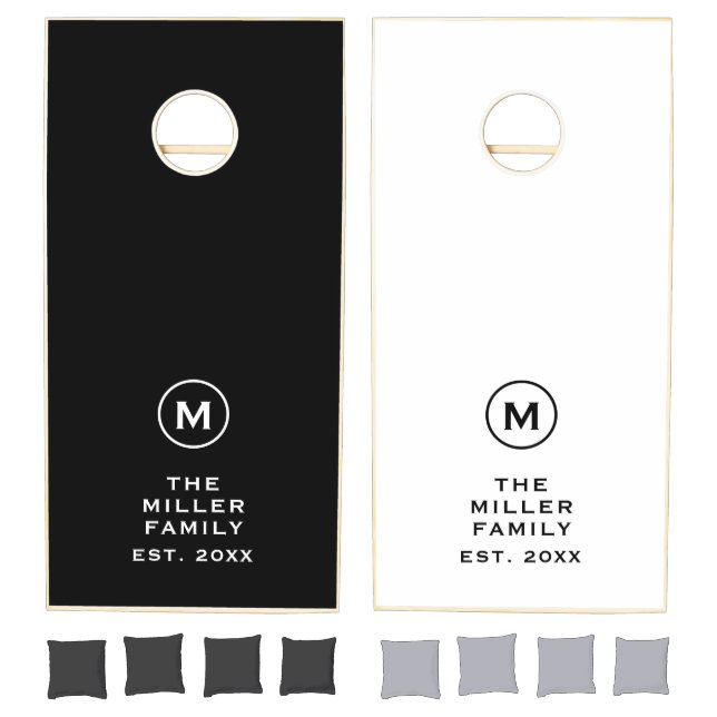 Family Monogram Name Black White Cornhole Set (Set)
