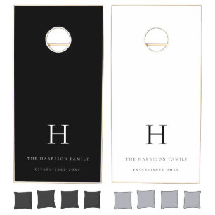 Family Monogram Name Black White Cornhole Set