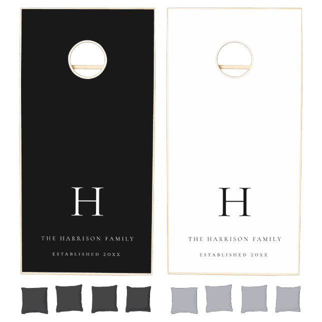 Family Monogram Name Black White Cornhole Set (Set)
