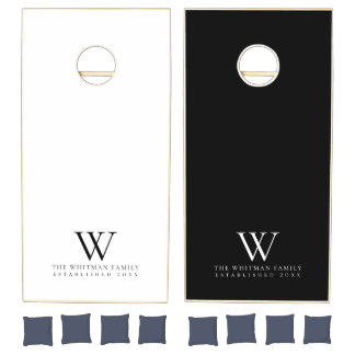 Family Monogram Name Black White Cornhole Set