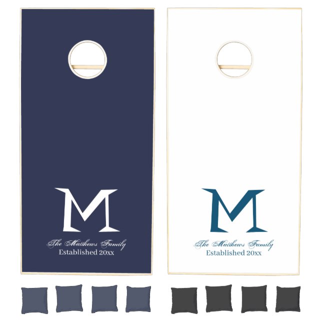 Family Monogram Name Blue White Cornhole Set (Set)