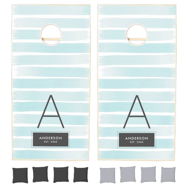Family Monogram Name Blue Wood Modern Farmhouse Cornhole Set (Set)