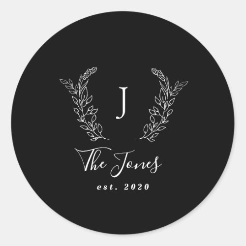 Family monogram name elegant personalized black classic round sticker