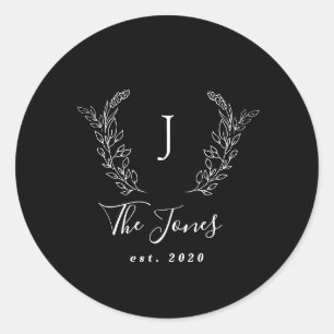 Family monogram name elegant personalized black classic round sticker