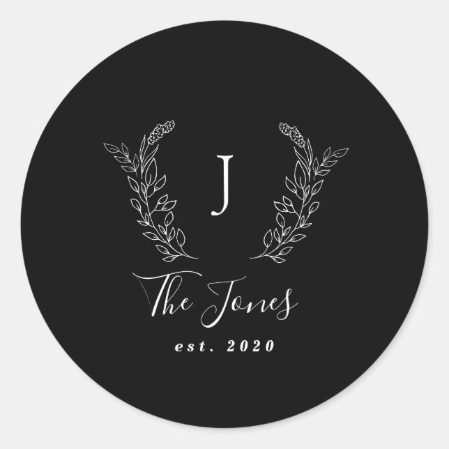 Family monogram name elegant personalized black classic round sticker (Front)