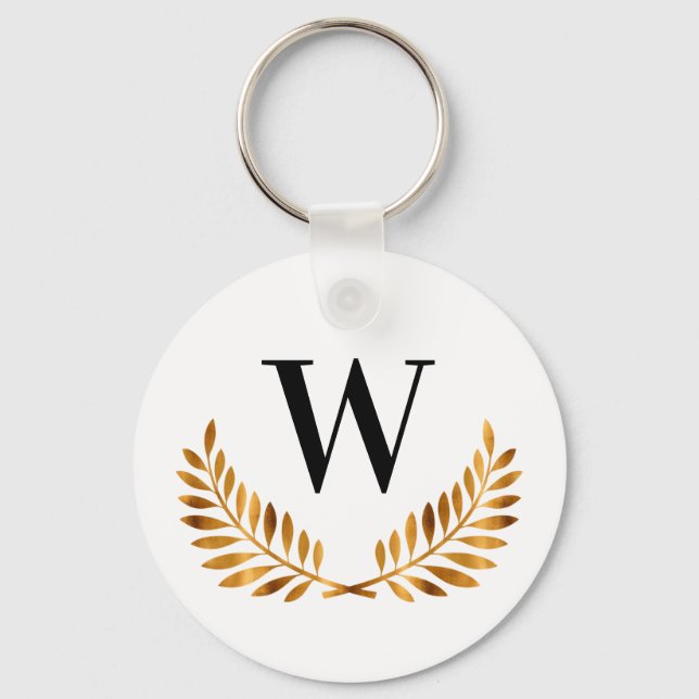 Family monogram name gold black laurel wreath keychain (Front)