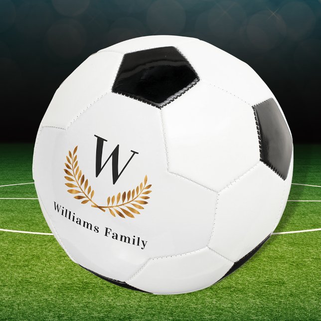 Family monogram name gold black soccer ball (Creator Uploaded)