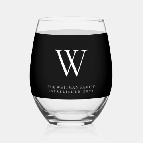 Family Monogram Name Modern Black  Stemless Wine Glass