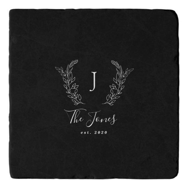 Family monogram name personalized elegant black trivet (Front)