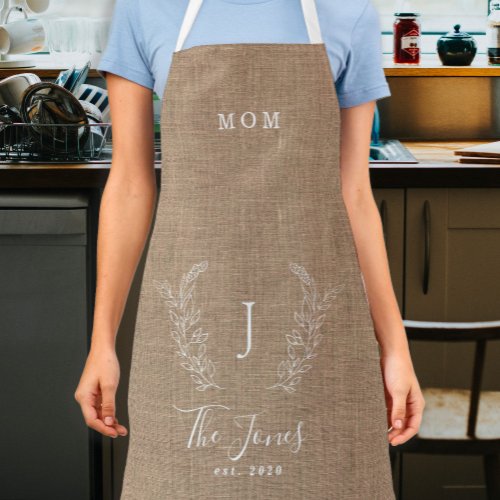 Family monogram name personalized rustic burlap ap apron