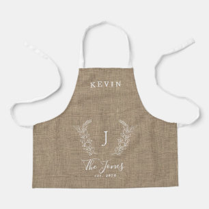Family monogram name personalized rustic burlap apron