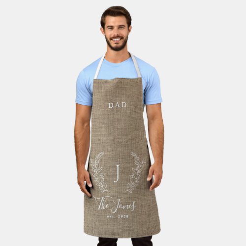 Family monogram name personalized rustic burlap apron