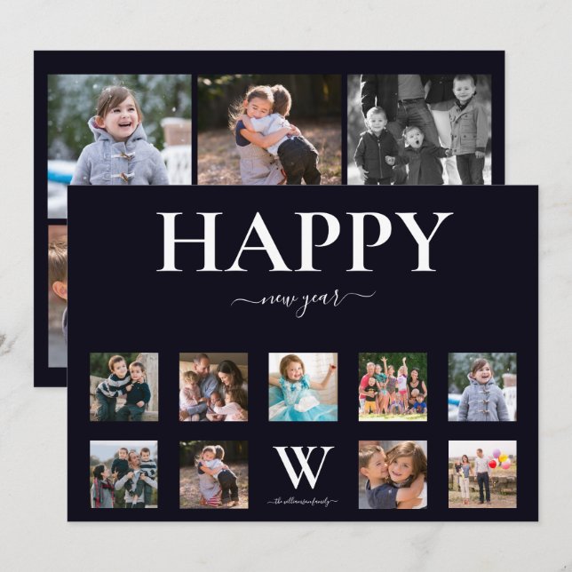 Family Monogram Name Photo Collage Happy New Year Holiday Card (Front/Back)