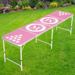 Family Monogram & Name Pink White Beer Pong Table