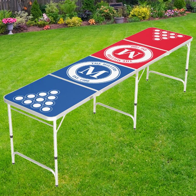 Family Monogram & Name Red and Blue | White  Beer Pong Table (Creator Uploaded)