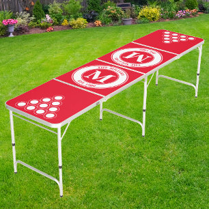 Family Monogram & Name Red White Beer Pong Table