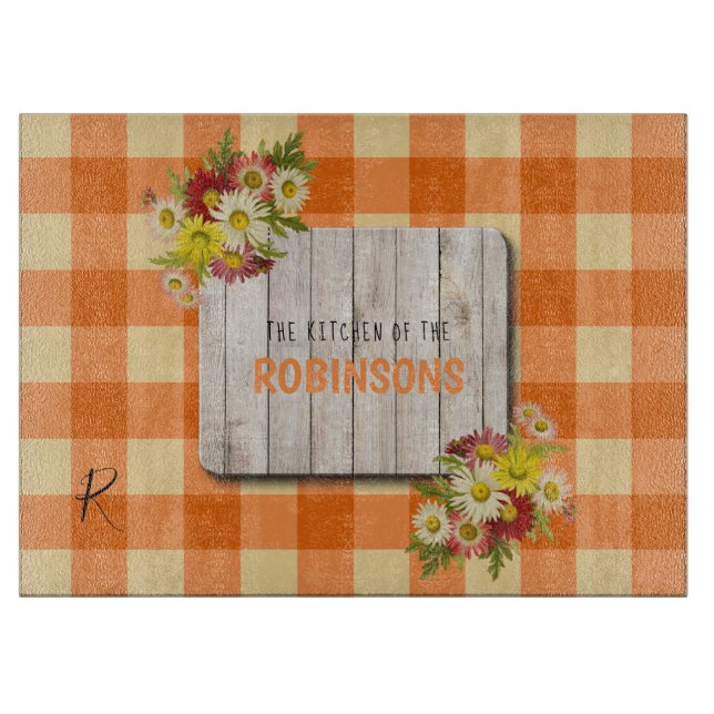 Family monogram name rustic wood orange gingham cutting board (Front)