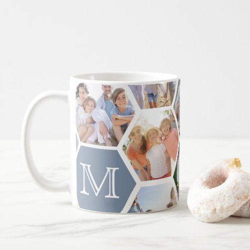 Family Monogram Photo Collage  Blue Hexagons Coffee Mug