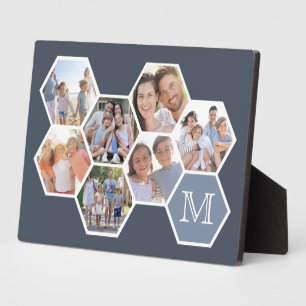 Family Monogram Photo Collage Blue Hexagons Plaque