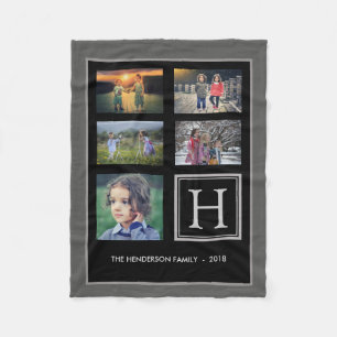 Family monogram photo collage dark gray fleece blanket