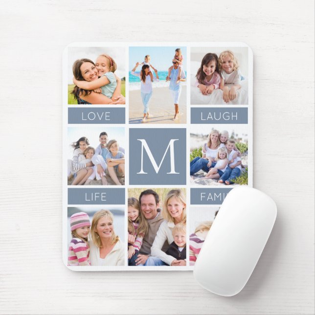 Family Monogram Photo Collage Dusty Blue Mouse Pad (With Mouse)