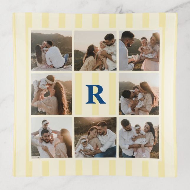Family Monogram Photo Collage Yellow Stripe  Trinket Tray (Front)
