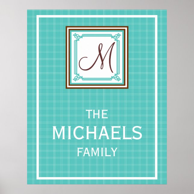 Family Monogram Poster - Aqua Check (Front)