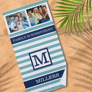 Family Monogram Quote 2 Photo Teal And Blue Stripe Beach Towel