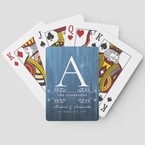 Family Monogram Rustic Flourish Dark Blue Wood  Playing Cards
