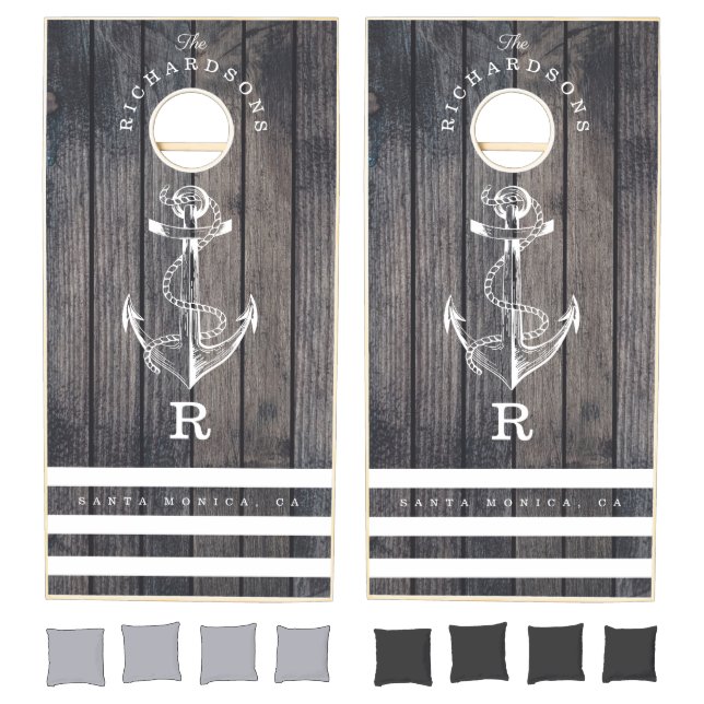 Family Monogram Rustic Grey Wood Plank Ship Anchor Cornhole Set (Set)