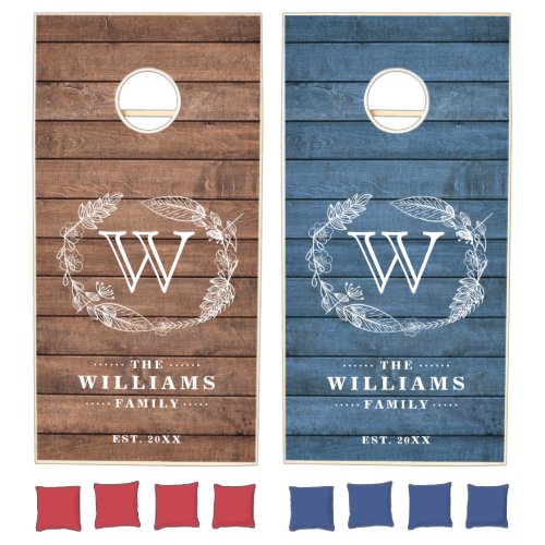 Family Monogram Rustic Wood Foliage Cornhole Set