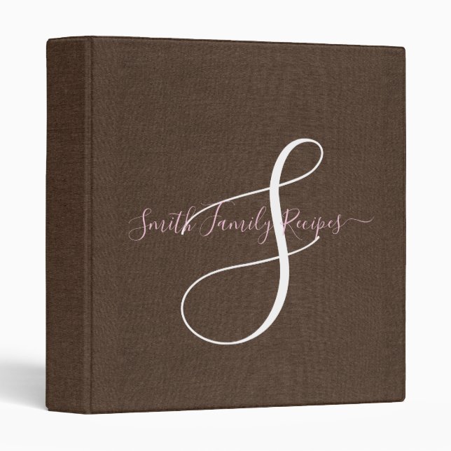 Family Monogram Script Chocolate Brown Faux Linen 3 Ring Binder (Front/Spine)