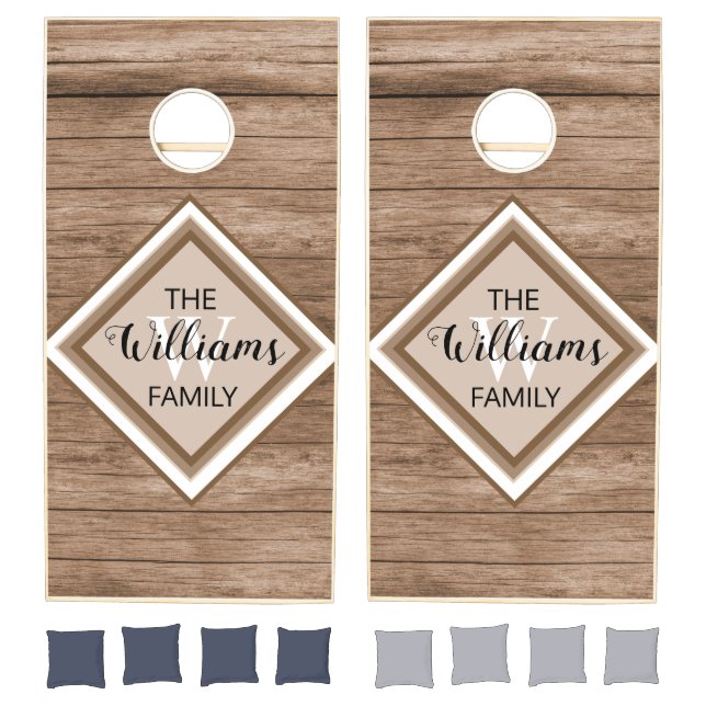 Family Monogram Script Name Rustic Brown Wood Cornhole Set (Set)