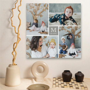 Family Monogram Simple Grey Square 4 Photo Collage Canvas Print