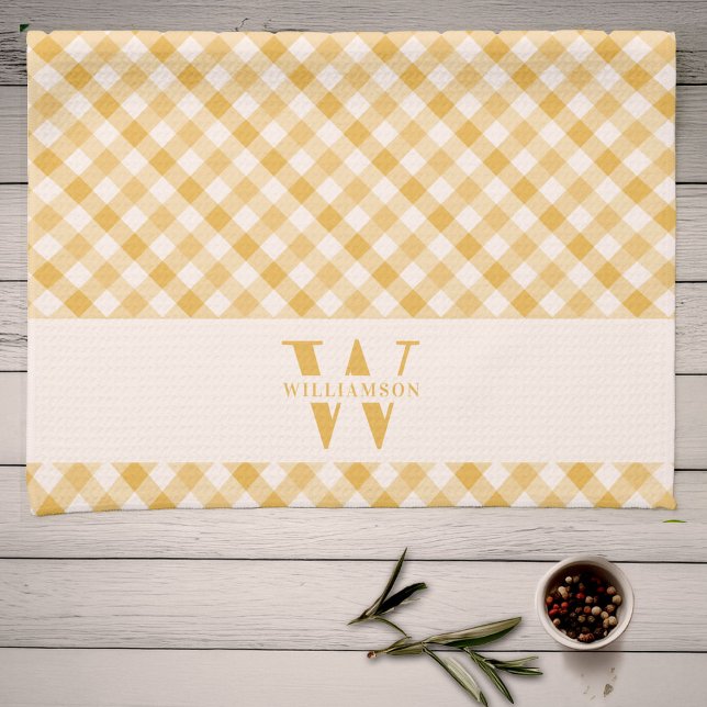 Family Monogram Sunny Yellow Plaid Chic Farmhouse Kitchen Towel (Creator Uploaded)