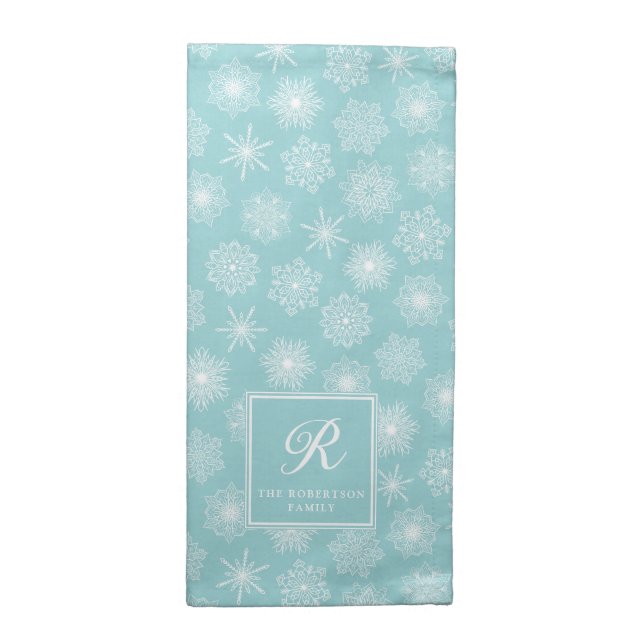 Family Monogram Teal Blue Coastal Christmas Cloth Napkin (Half Fold)
