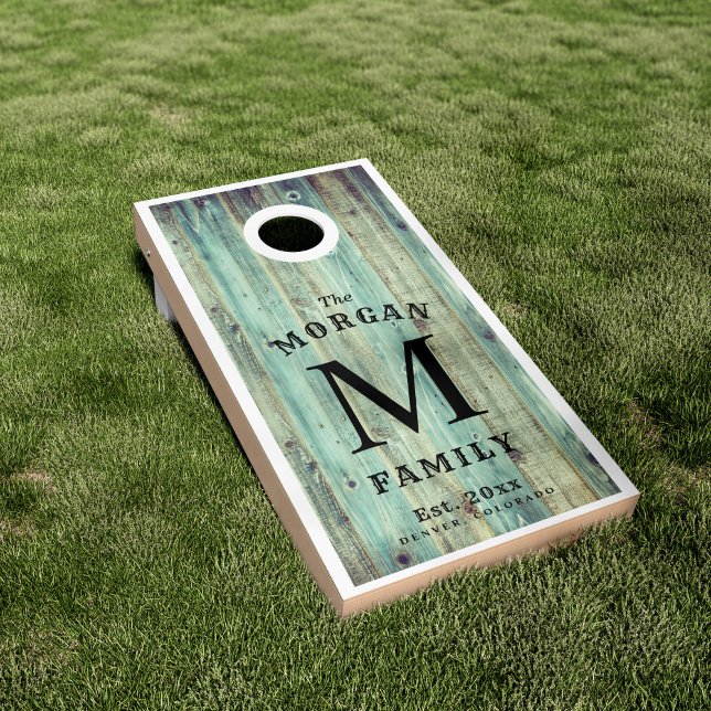 Family Monogram | Teal Green Wood Styled Beach Cornhole Set (Creator Uploaded)