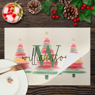 Family Monogram Watercolor Christmas Tree Placemat