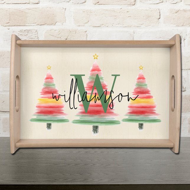 Family Monogram Watercolor Christmas Tree Serving Tray (Creator Uploaded)