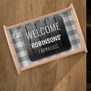 Family monogram welcome black and white gingham serving tray