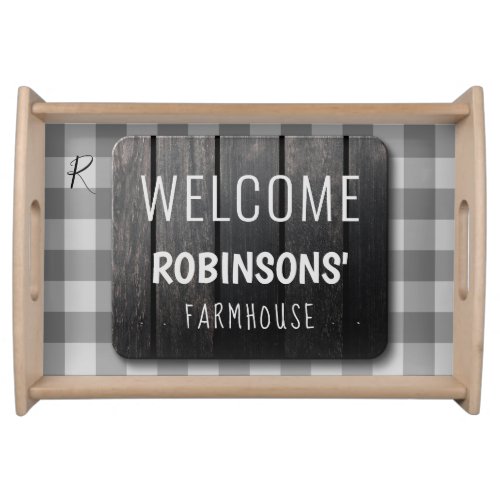 Family monogram welcome black and white gingham serving tray