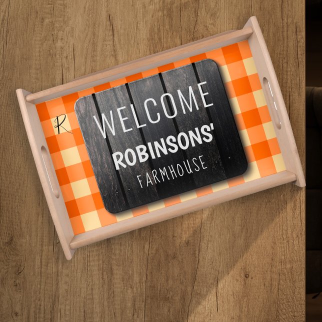 Family monogram welcome orange gingham custom serving tray (Creator Uploaded)