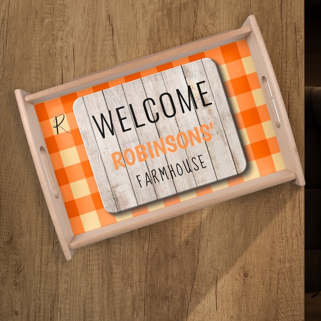 Family monogram welcome orange gingham serving tray (Creator Uploaded)