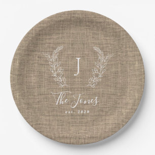 Family monogramed name personalized burlap rustic paper plates